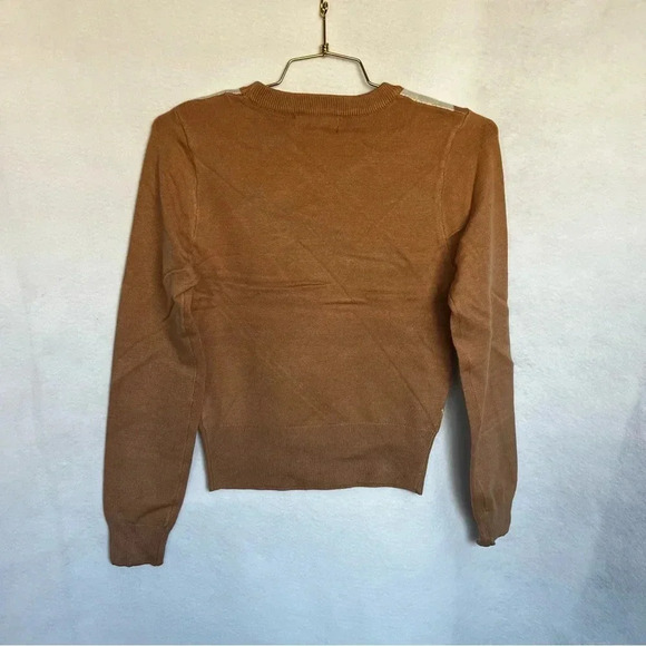 Argyle Pattern Crewneck Sweater Long Sleeve Khaki Brown Multicolor Long Sleeve - Picture 5 of 6